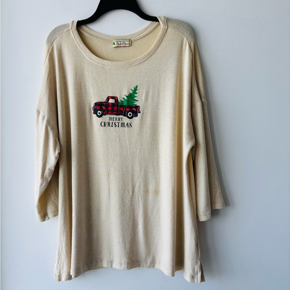 VTG Christmas Sweater Merry Christmas Tree Beige Soft Knit Pullover Women XL